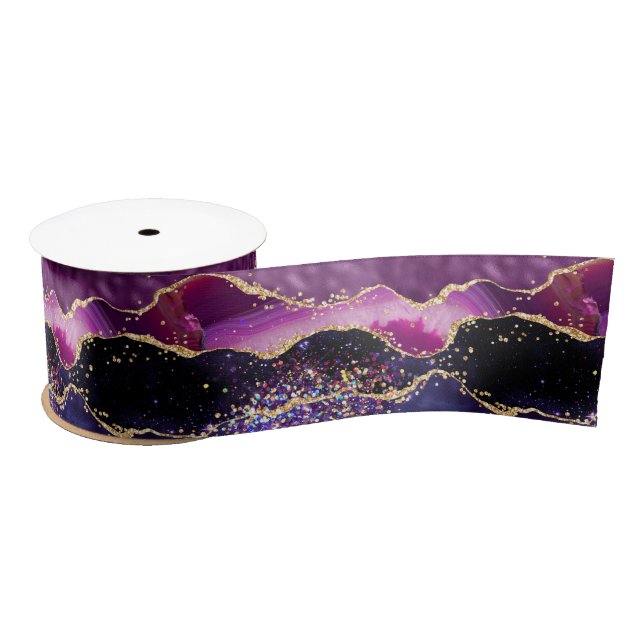 Dark Purple and Gold Glitter Sequins Agate Satin Ribbon (Spool)