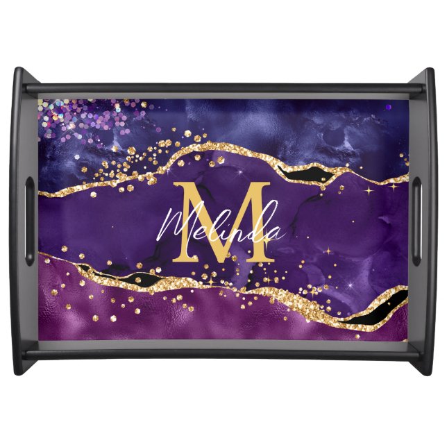 Dark Purple and Gold Glitter Sequins Agate Serving Tray (Front)