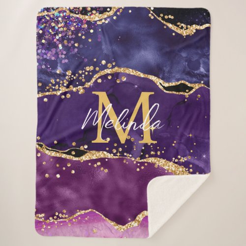 Dark Purple and Gold Glitter Sequins Agate Sherpa Blanket