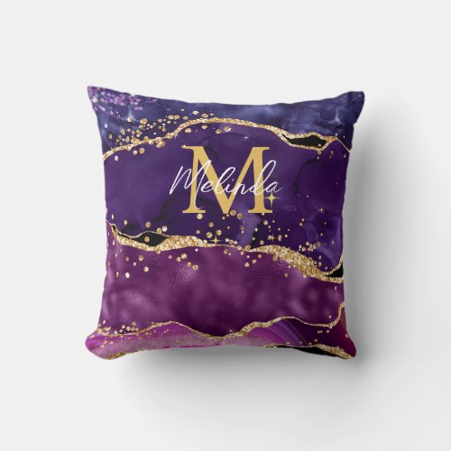 Dark Purple and Gold Glitter Sequins Agate Throw Pillow