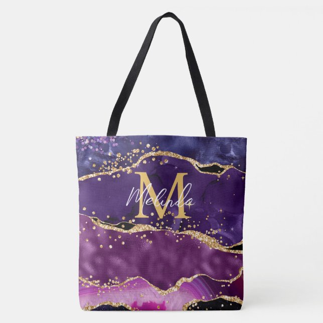 Dark Purple and Gold Glitter Sequins Agate Tote Bag (Front)