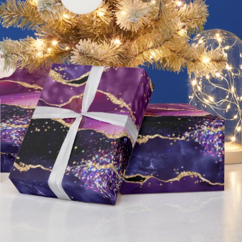 Dark Purple and Gold Glitter Sequins Agate Wrapping Paper