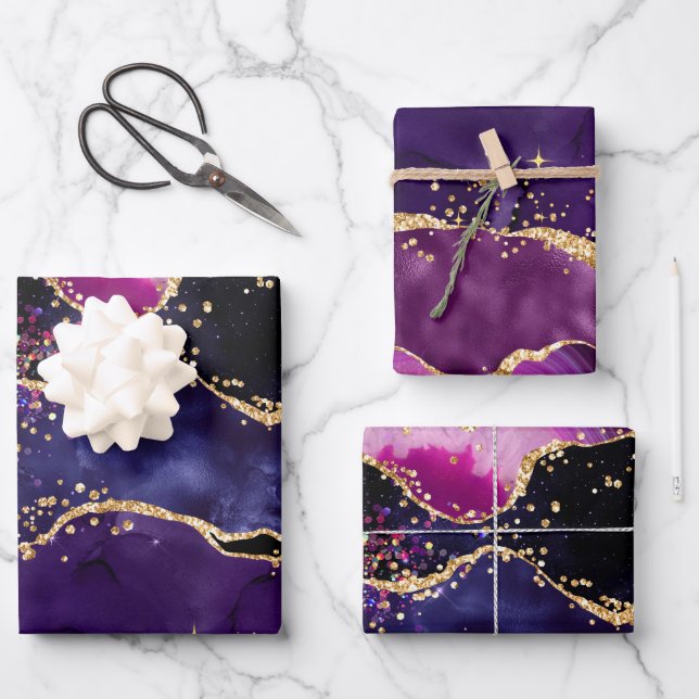 Dark Purple and Gold Glitter Sequins Agate Wrapping Paper Sheets (Front)