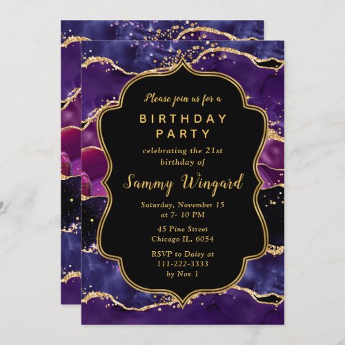 Dark Purple and Gold Sequins Agate Birthday Invitation
