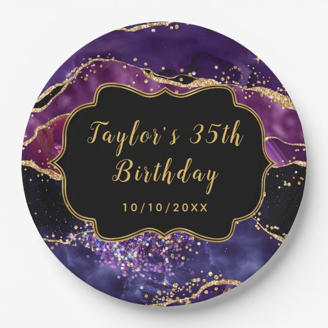 Dark Purple and Gold Sequins Agate Birthday Paper Plates (Front)