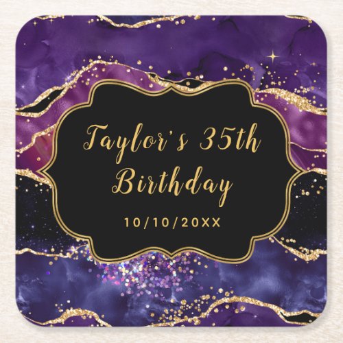 Dark Purple and Gold Sequins Agate Birthday Square Paper Coaster