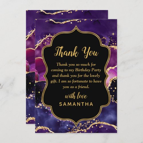 Dark Purple and Gold Sequins Agate Birthday Thank You Card
