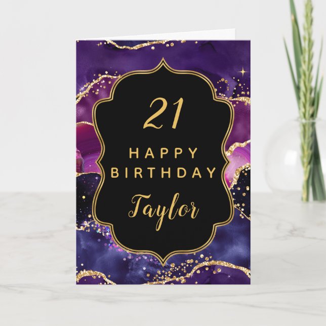 Dark Purple and Gold Sequins Agate Happy Birthday Card (Front)