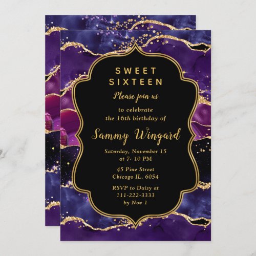 Dark Purple and Gold Sequins Agate Sweet Sixteen Invitation
