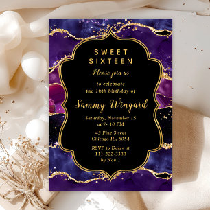 Dark Purple and Gold Sequins Agate Sweet Sixteen Invitation