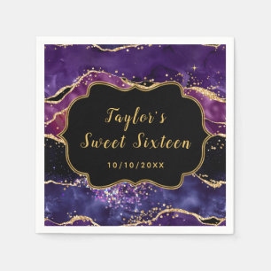 Dark Purple and Gold Sequins Agate Sweet Sixteen Napkins