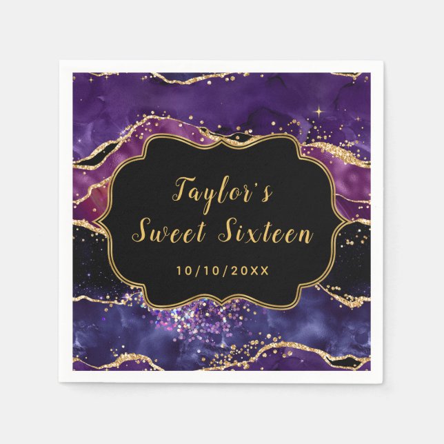 Dark Purple and Gold Sequins Agate Sweet Sixteen Napkins (Front)