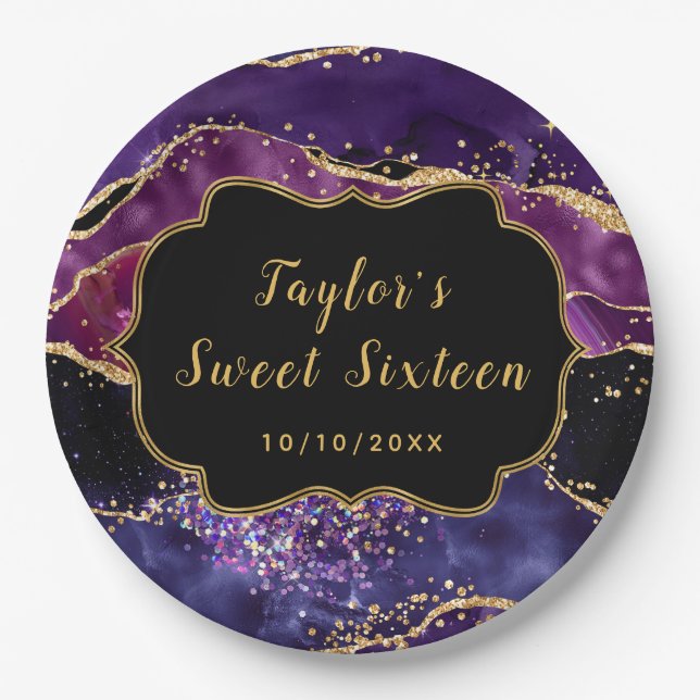 Dark Purple and Gold Sequins Agate Sweet Sixteen Paper Plates (Front)