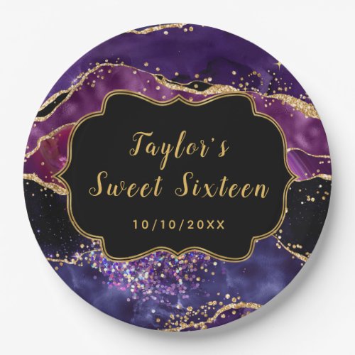 Dark Purple and Gold Sequins Agate Sweet Sixteen Paper Plates