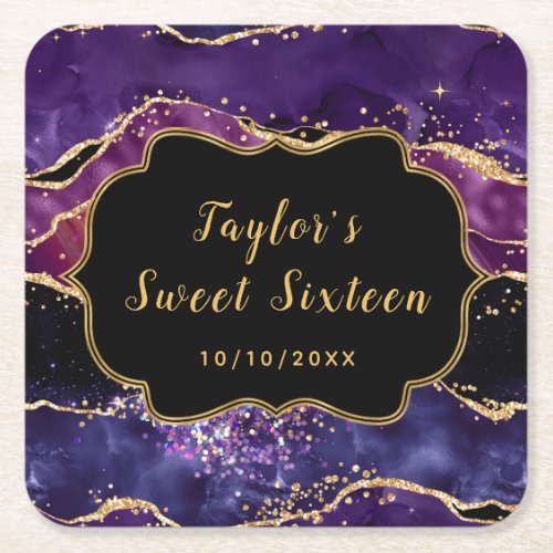 Dark Purple and Gold Sequins Agate Sweet Sixteen Square Paper Coaster
