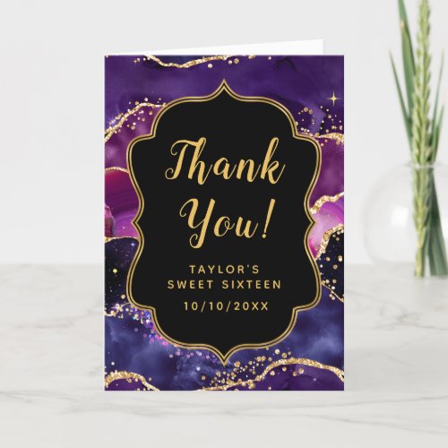 Dark Purple and Gold Sequins Agate Sweet Sixteen Thank You Card