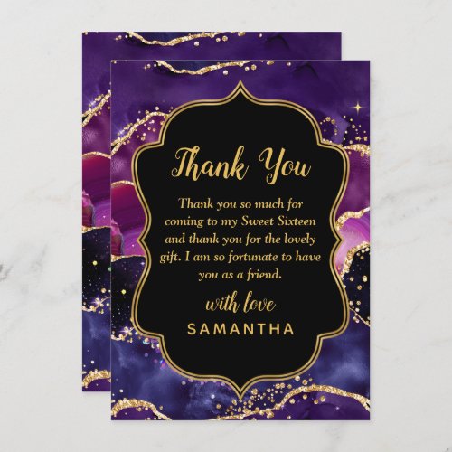 Dark Purple and Gold Sequins Agate Sweet Sixteen Thank You Card