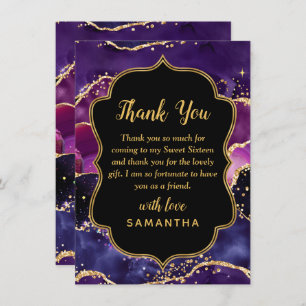 Dark Purple and Gold Sequins Agate Sweet Sixteen Thank You Card