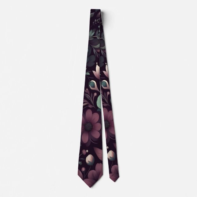 Dark Purple and Green Flowers Pattern Neck Tie (Front)