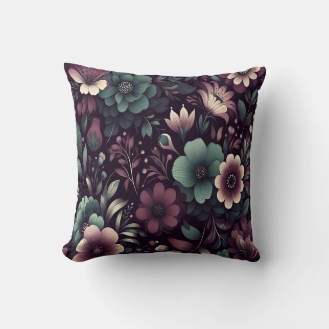 Dark Purple and Green Flowers Pattern Throw Pillow (Front)