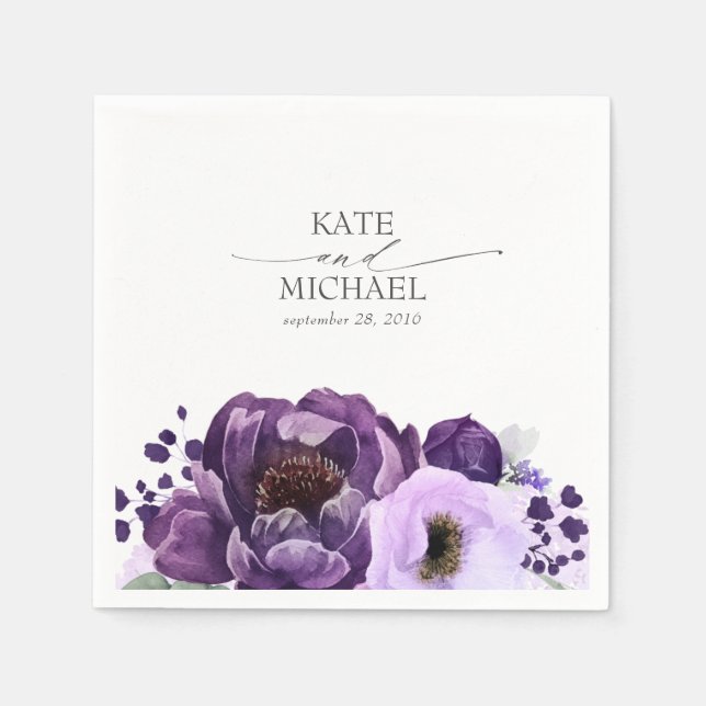 Dark Purple and Lilac Purple Floral Botanical Napkins (Front)