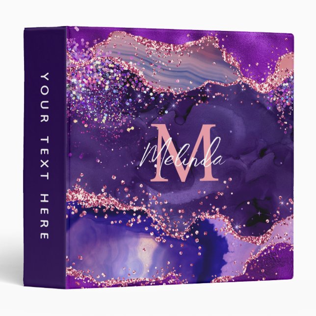 Dark Purple and Pink Glitter Sequins Agate 3 Ring Binder (Front/Spine)