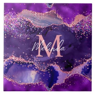 Dark Purple and Pink Glitter Sequins Agate Ceramic Tile