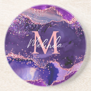 Dark Purple and Pink Glitter Sequins Agate Coaster