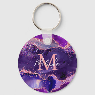 Dark Purple and Pink Glitter Sequins Agate Keychain