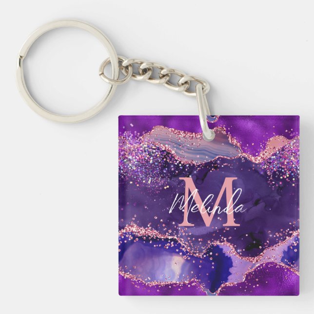 Dark Purple and Pink Glitter Sequins Agate Keychain (Front)