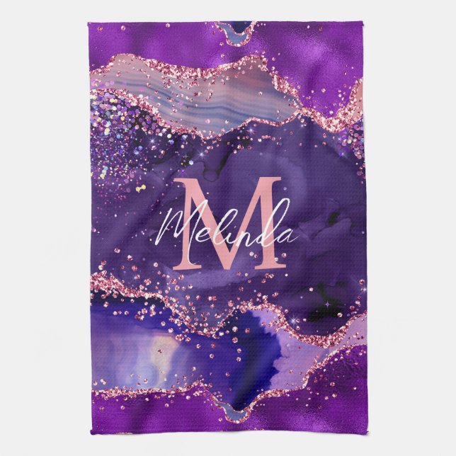 Dark Purple and Pink Glitter Sequins Agate Kitchen Towel (Vertical)