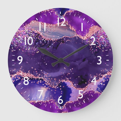 Dark Purple and Pink Glitter Sequins Agate Large Clock