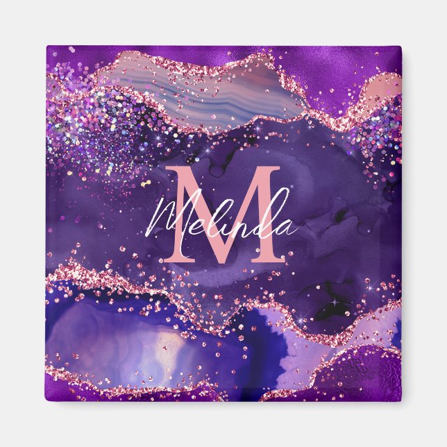 Dark Purple and Pink Glitter Sequins Agate Magnet (Front)