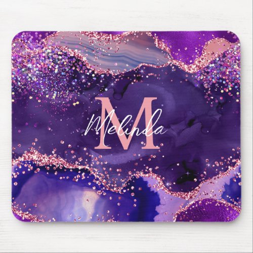 Dark Purple and Pink Glitter Sequins Agate Mouse Pad