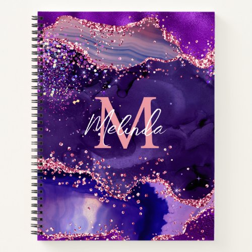 Dark Purple and Pink Glitter Sequins Agate Notebook