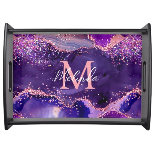 Dark Purple and Pink Glitter Sequins Agate Serving Tray