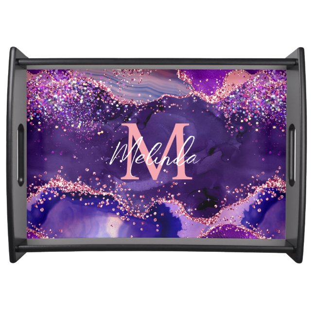 Dark Purple and Pink Glitter Sequins Agate Serving Tray (Front)