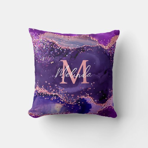 Dark Purple and Pink Glitter Sequins Agate Throw Pillow