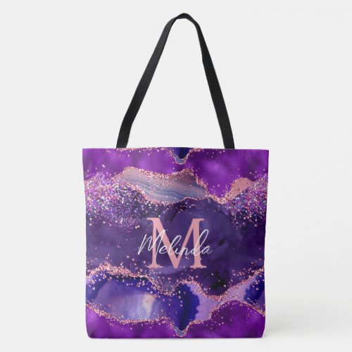 Dark Purple and Pink Glitter Sequins Agate Tote Bag