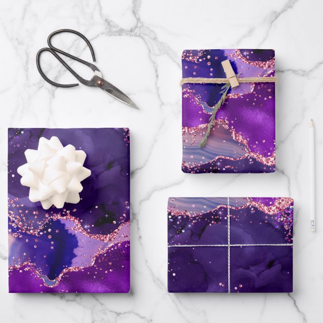 Dark Purple and Pink Glitter Sequins Agate Wrapping Paper Sheets (Front)