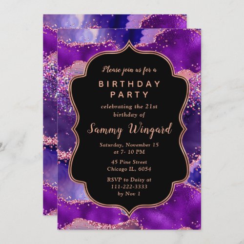 Dark Purple and Pink Sequins Agate Birthday Invitation