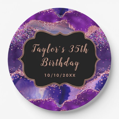 Dark Purple and Pink Sequins Agate Birthday Paper Plates