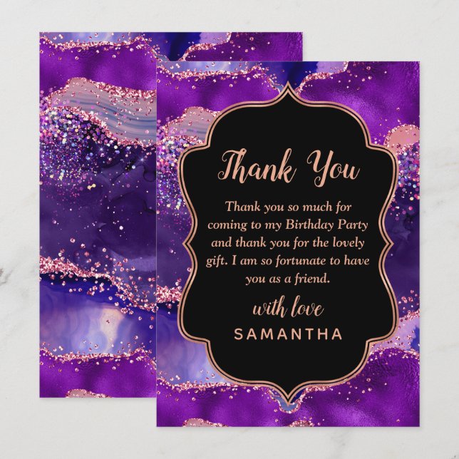Dark Purple and Pink Sequins Agate Birthday Thank You Card (Front/Back)