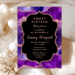 Dark Purple and Pink Sequins Agate Sweet Sixteen Invitation