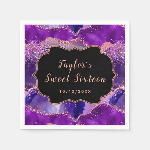Dark Purple and Pink Sequins Agate Sweet Sixteen Napkins