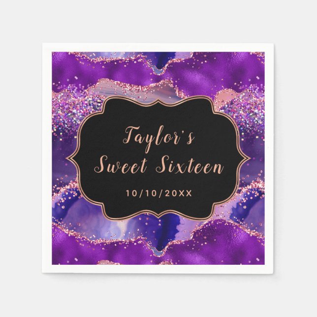 Dark Purple and Pink Sequins Agate Sweet Sixteen Napkins (Front)