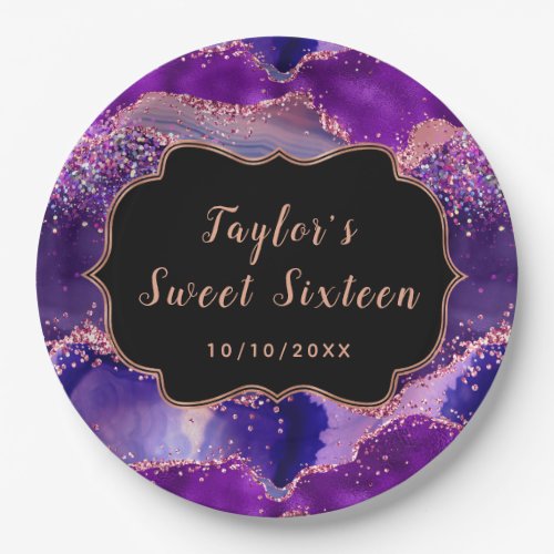 Dark Purple and Pink Sequins Agate Sweet Sixteen Paper Plates