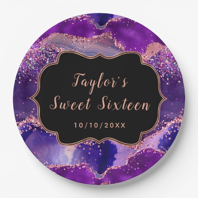 Dark Purple and Pink Sequins Agate Sweet Sixteen Paper Plates (Front)