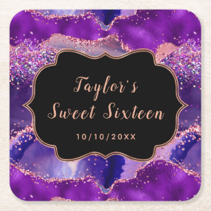 Dark Purple and Pink Sequins Agate Sweet Sixteen Square Paper Coaster
