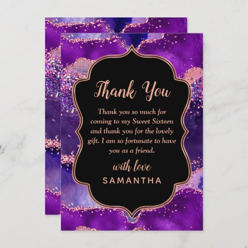 Dark Purple and Pink Sequins Agate Sweet Sixteen Thank You Card
